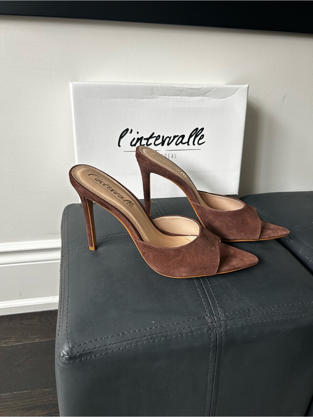 L'INTERVALLE Brown Suede Pointed Toe High Heel Mules